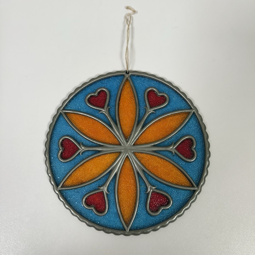 Window Suncatchers 1960's VUE Decor Plastic Frame Orange‎ & Blue Floral Hearts
